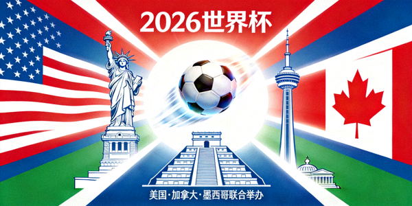 2026世界杯官方宣传图 - 美国、加拿大、墨西哥三国标志性建筑与足球